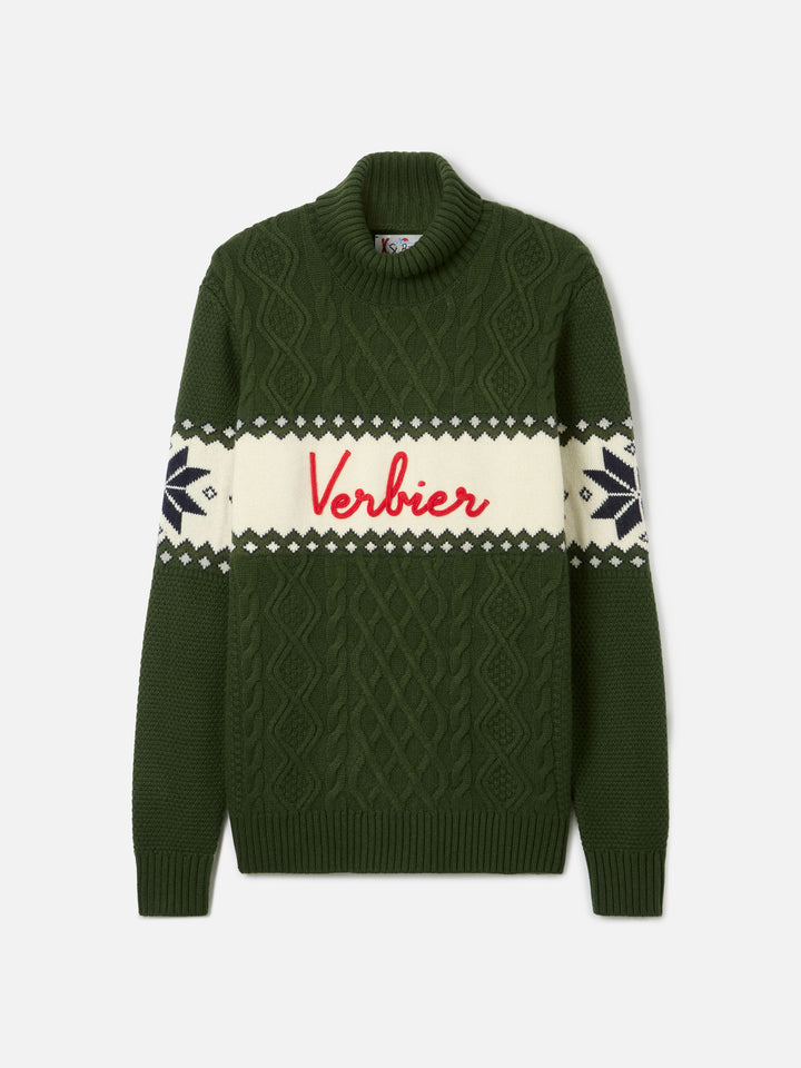 Maglia lupetto Anton verde militare con lettering Verbier