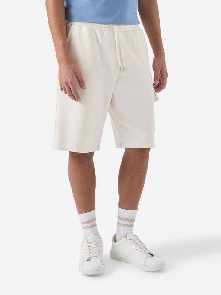 Argo solid cream fleece bermuda shorts with cargo pocket