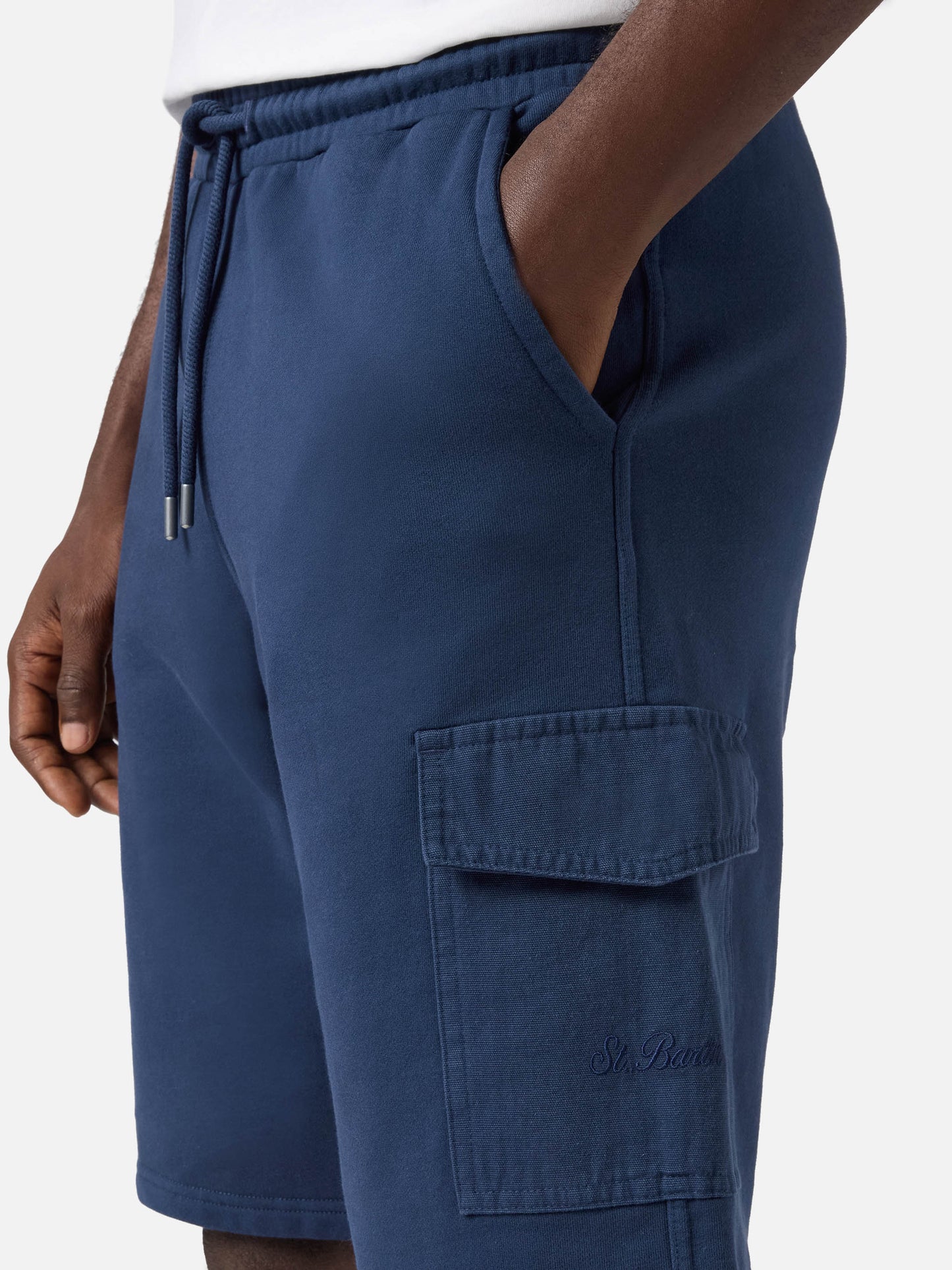 Bermuda Argo in felpa tinta unita blu navy con tasca cargo