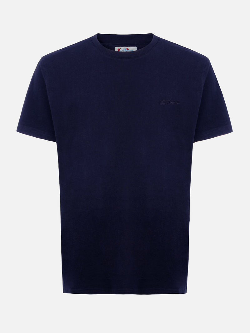 Man navy blue heavy cotton t-shirt Arnott with St. Barth embroidery