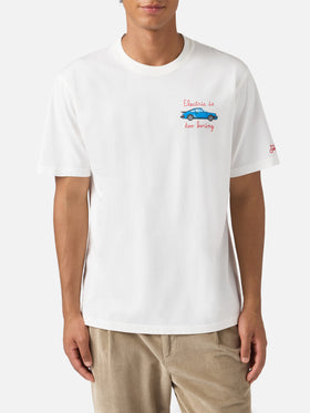 T-shirt Arnott in cotone bianco con ricamo macchina Electric is too boring