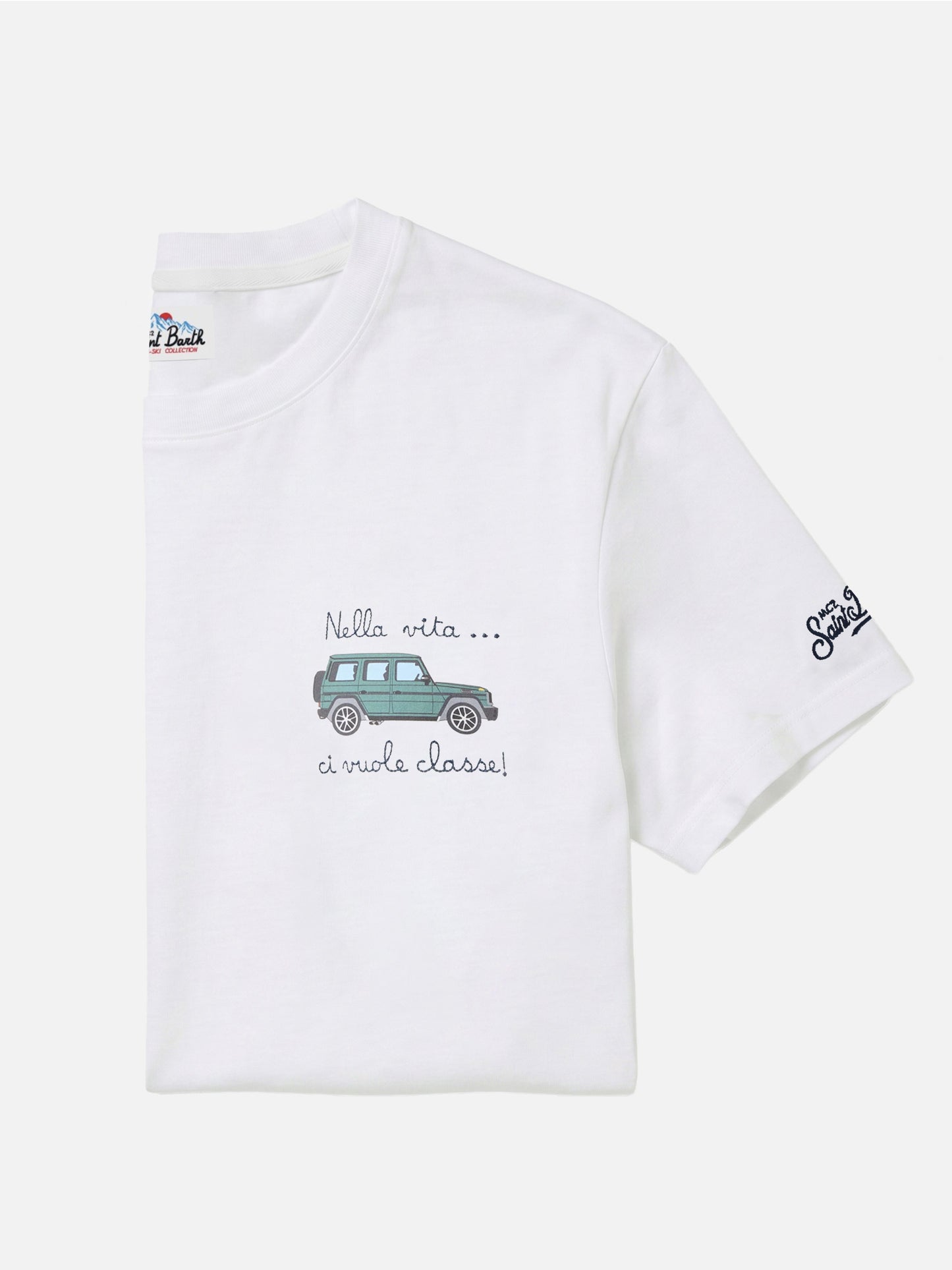 Arnott-Baumwoll-T-Shirt in Weiß mit Auto- und „Nella vita ci vuole classe“-Stickerei