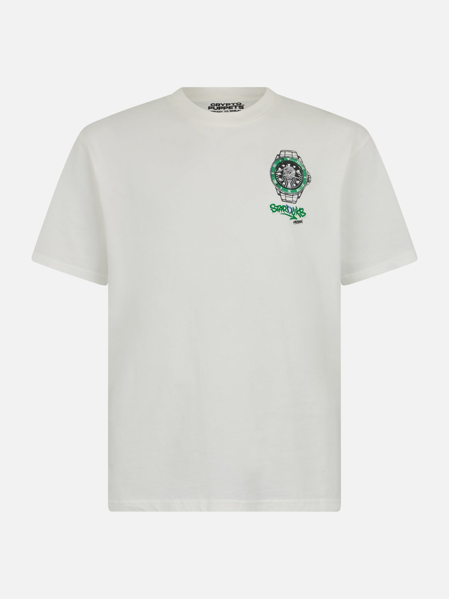 Schweres Baumwoll-T-Shirt für Herren von Arnott mit Crypto Starducks-Uhrenaufdruck | CRYPTO PUPPETS SPECIAL EDITION