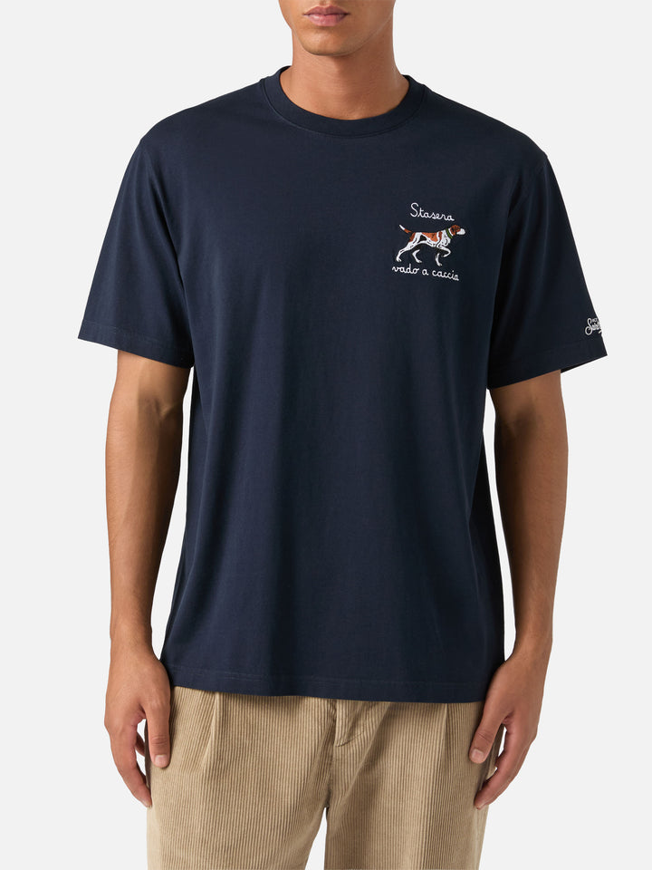 Camiseta de algodón Navy blue Arnott con bordado de perro de caza 