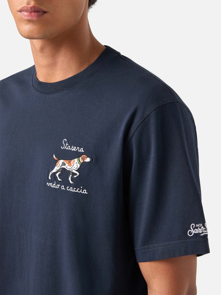Camiseta de algodón Navy blue Arnott con bordado de perro de caza 