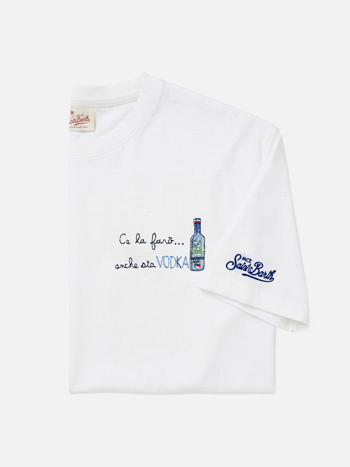 T-shirt Arnott in cotone bianco con ricamo Ce la farò anche sta Vodka