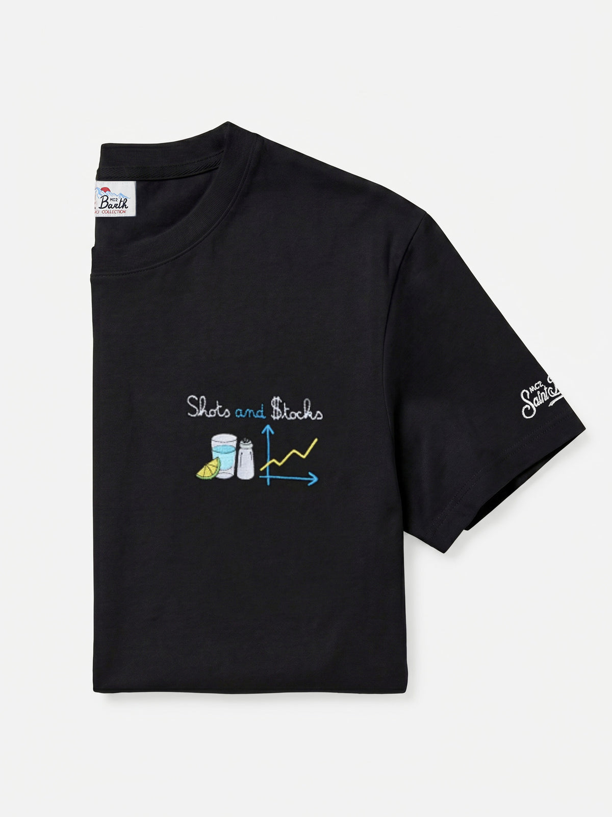 Black Arnott organic cotton t-shirt with Shots And Stocks embroidery