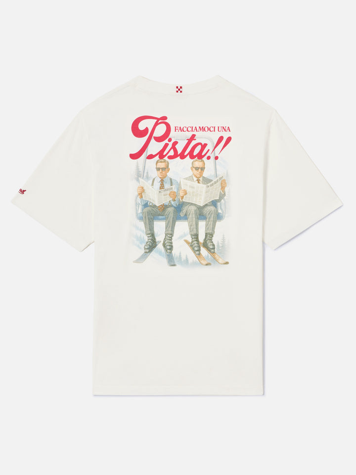 Weißes Arnott warmes Baumwoll-T-Shirt mit Facciamoci Una Pista-Print auf der Rückseite 