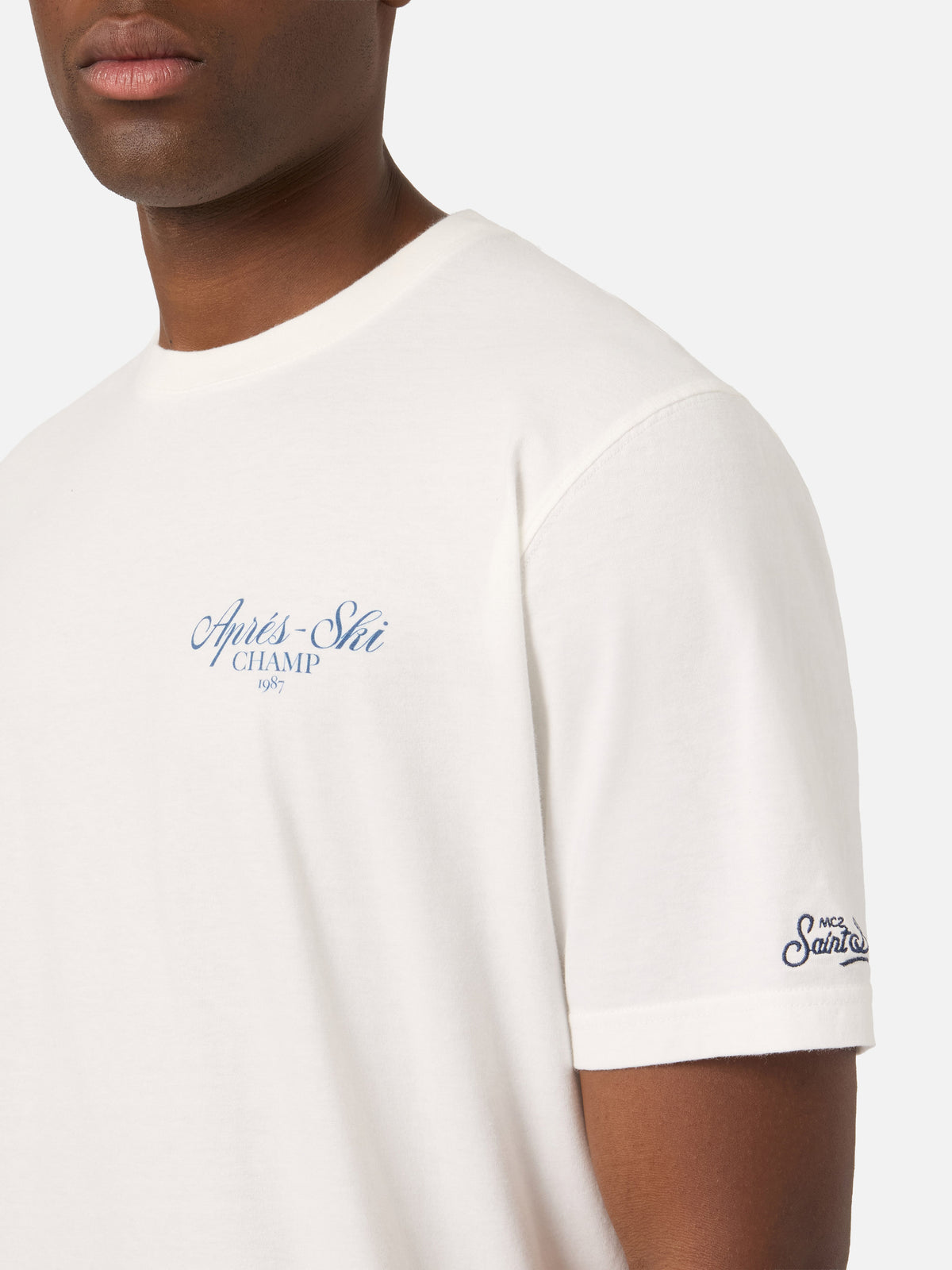 T-shirt Arnott Warm bianca in cotone con stampa Après Ski Champ sul retro