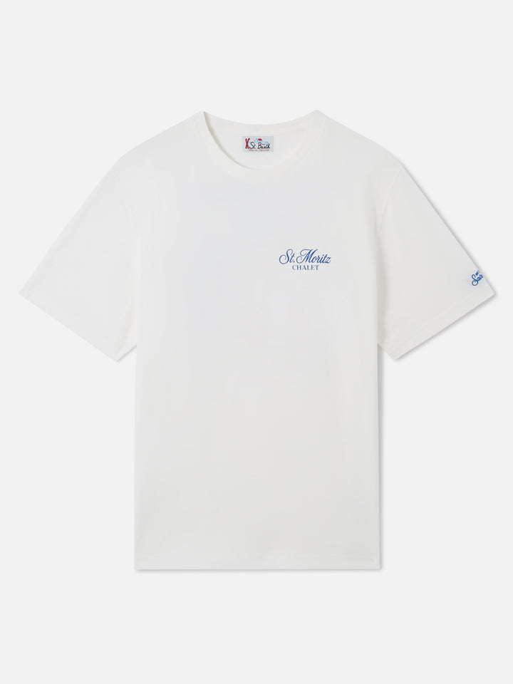 T-shirt girocollo bianca Arnott con stampa St. Moritz Chalet