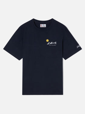 Marineblaues blue Arnott warmes Baumwoll-T-Shirt mit St. Moritz-Print auf der Rückseite | Special edition 