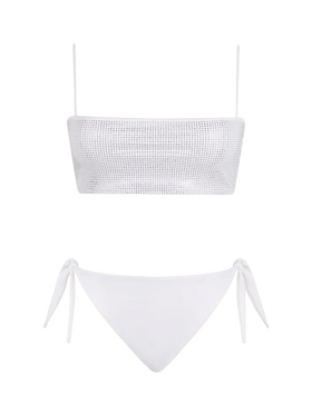 Woman white bandeau bikini Athena Yali with rhinestones