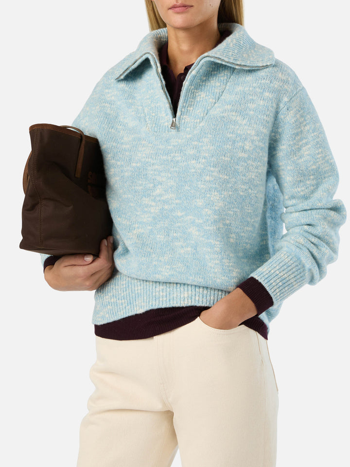 Leichter blue Augustine Wollstrickpullover mit Half-Zip und Logostickerei 