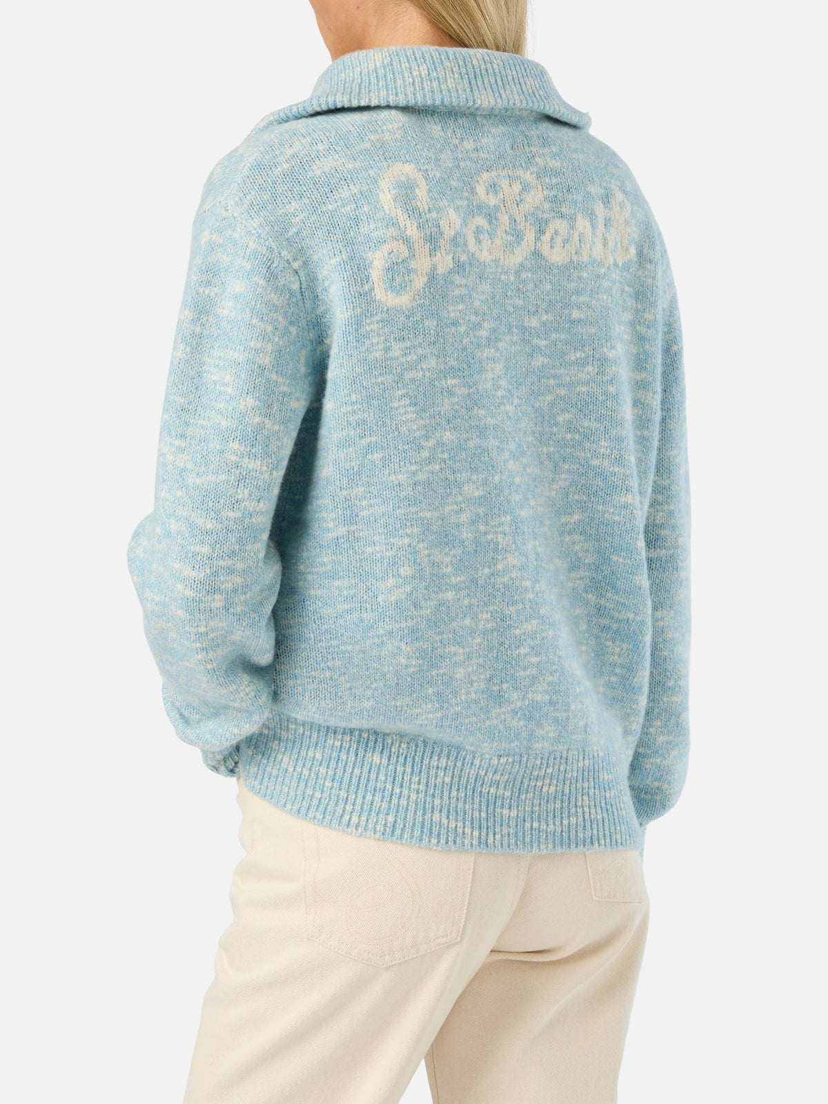 Maglia Augustine azzurra in lana con mezza zip e ricamo logo