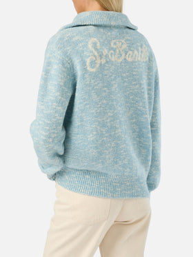 Maglia Augustine azzurra in lana con mezza zip e ricamo logo