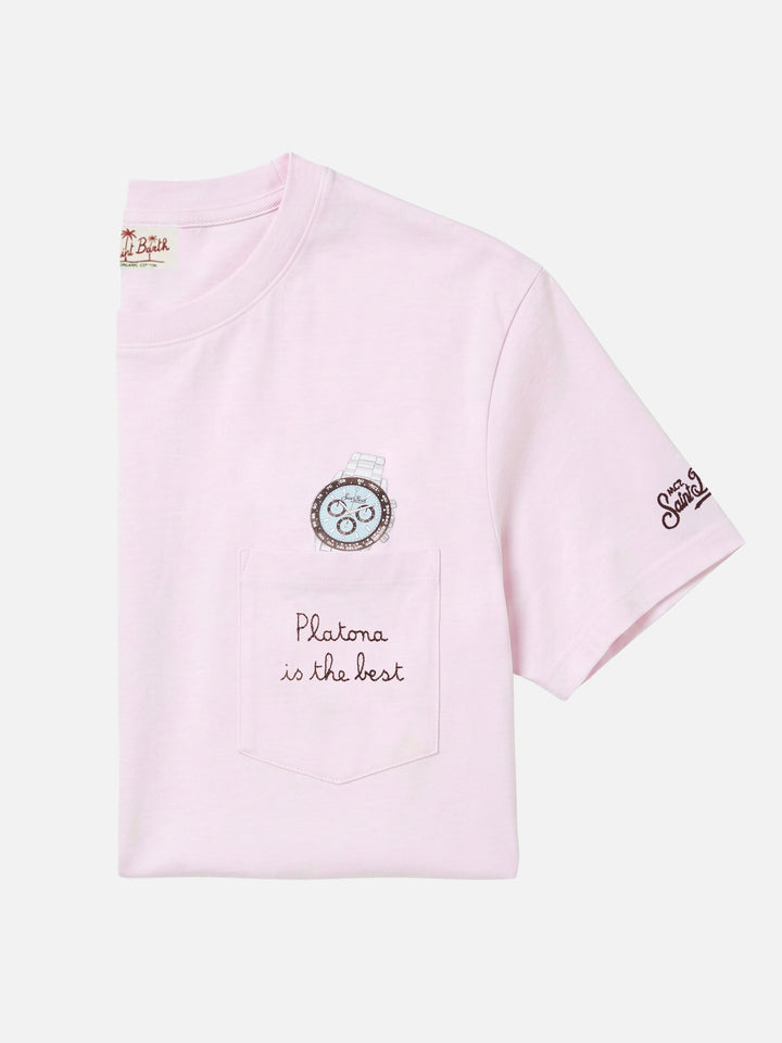 Pink Austin t-shirt with watch and Platona Is The Best embroidery