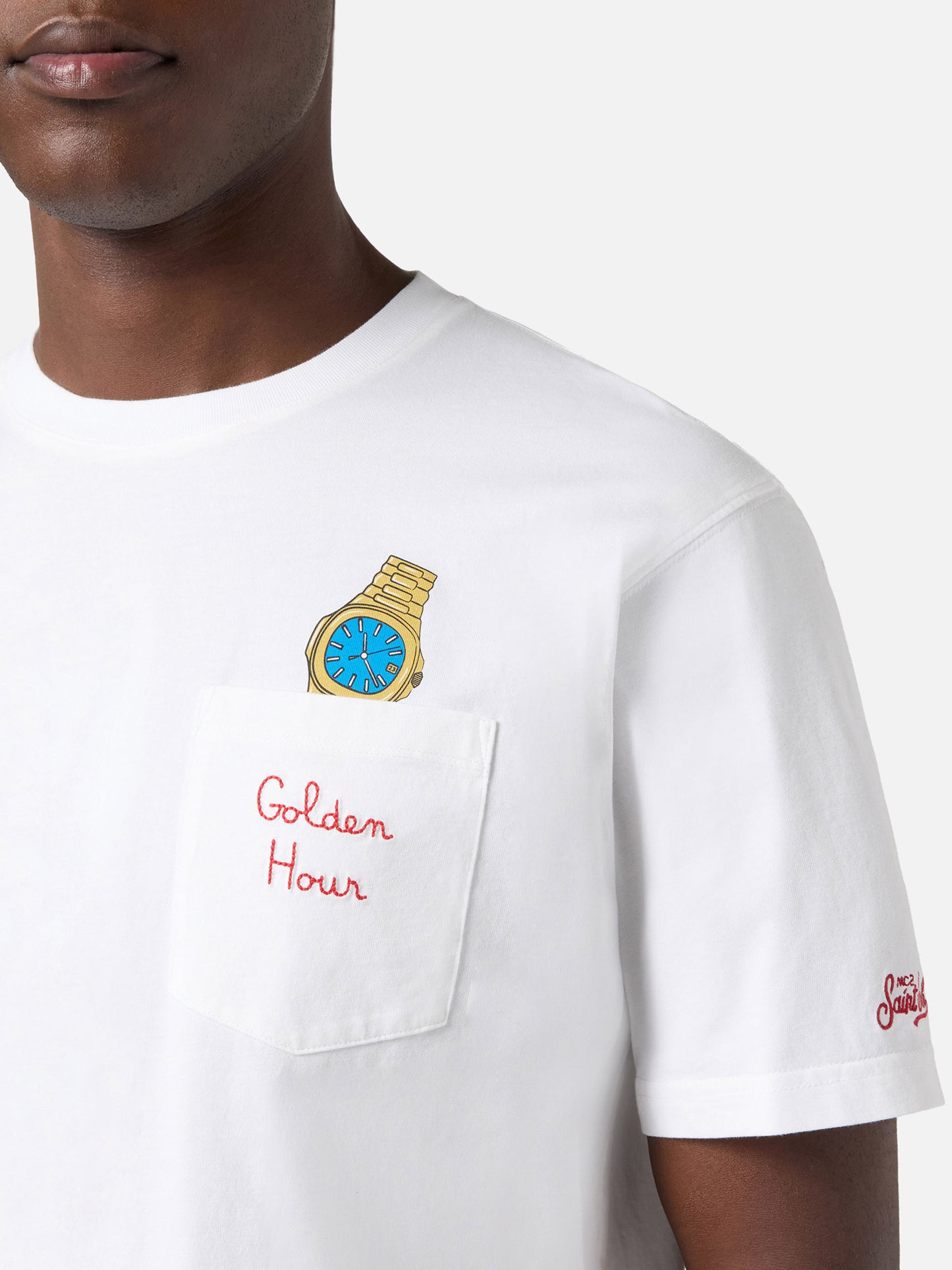 White Austin t-shirt with watch and Golden Hour embroidery