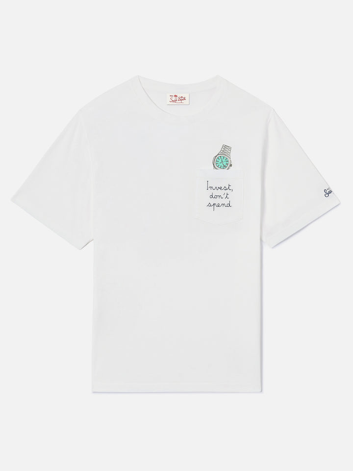 Camiseta Austin blanca con bordado de reloj Invest Don't Spend 