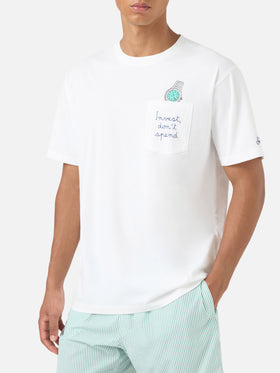 Weißes Austin T-Shirt mit Uhrenstickerei „Invest Don't Spend“ 