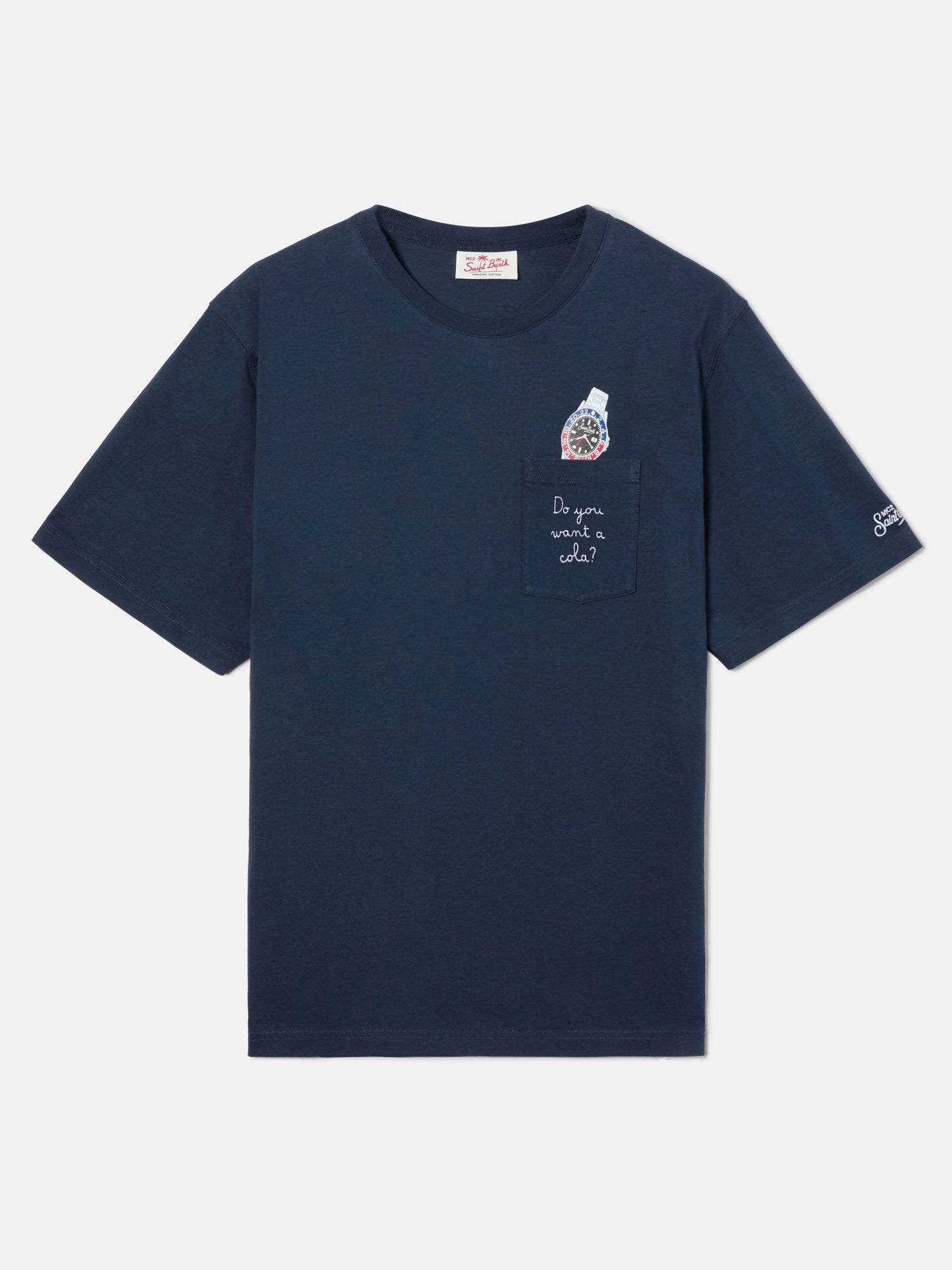 T-shirt Austin blu con orologio e ricamo Do You Want A Cola?