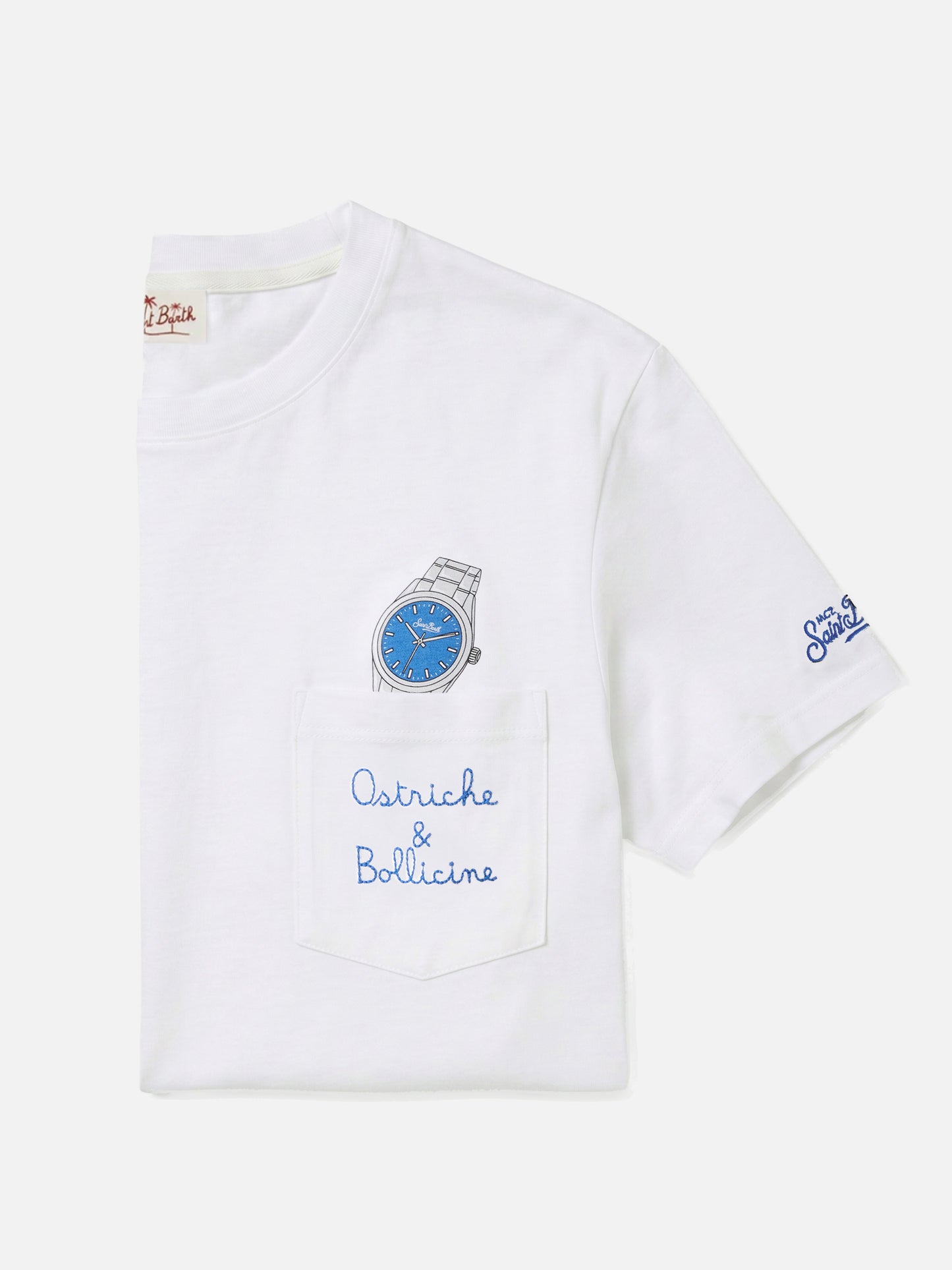 T-shirt Austin bianca con orologio e ricamo Ostriche e Bollicine