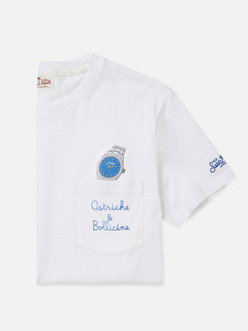 T-shirt Austin bianca con orologio e ricamo Ostriche e Bollicine