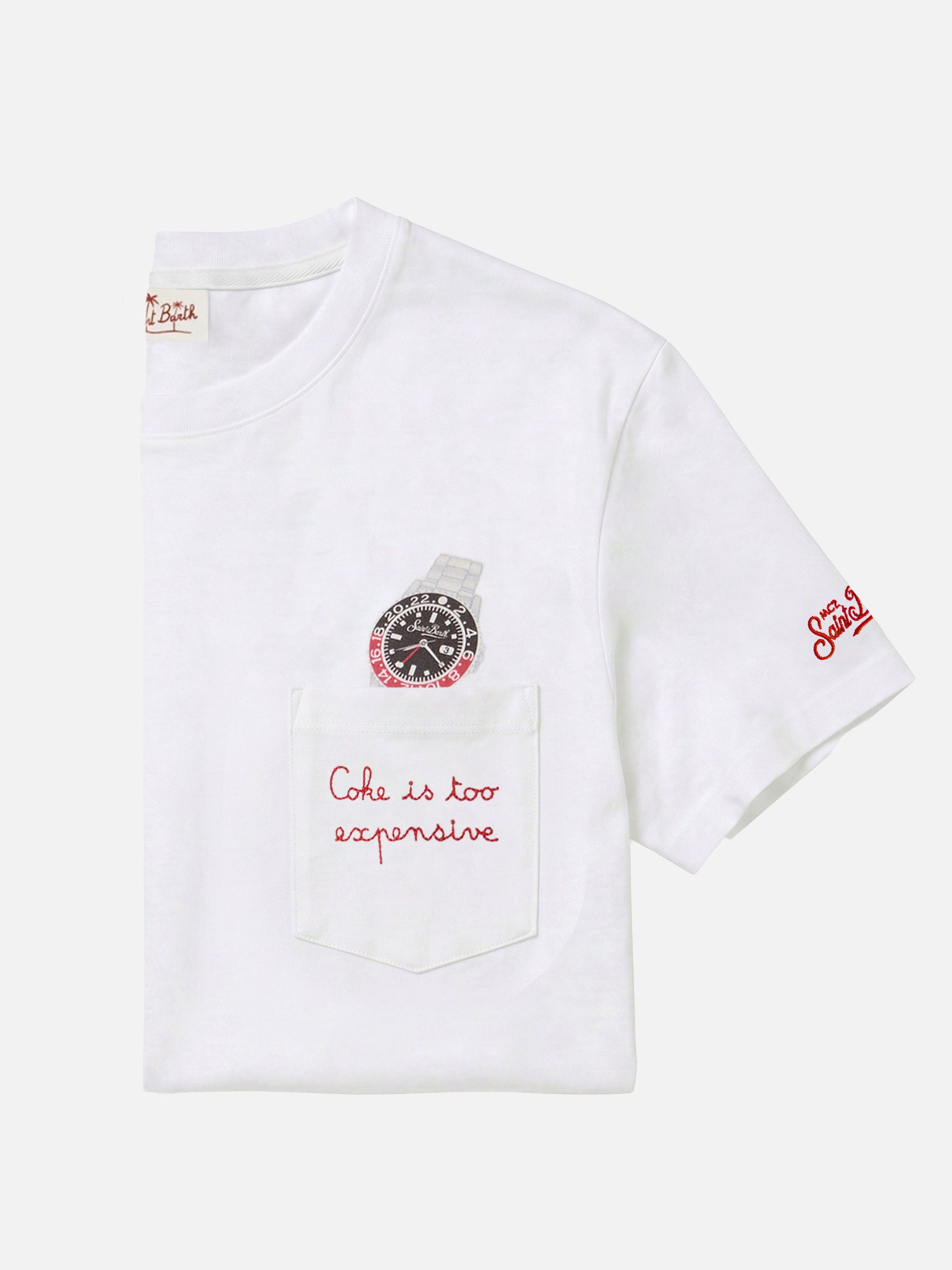 White Austin t-shirt with watch and Coke Is Too Expensive