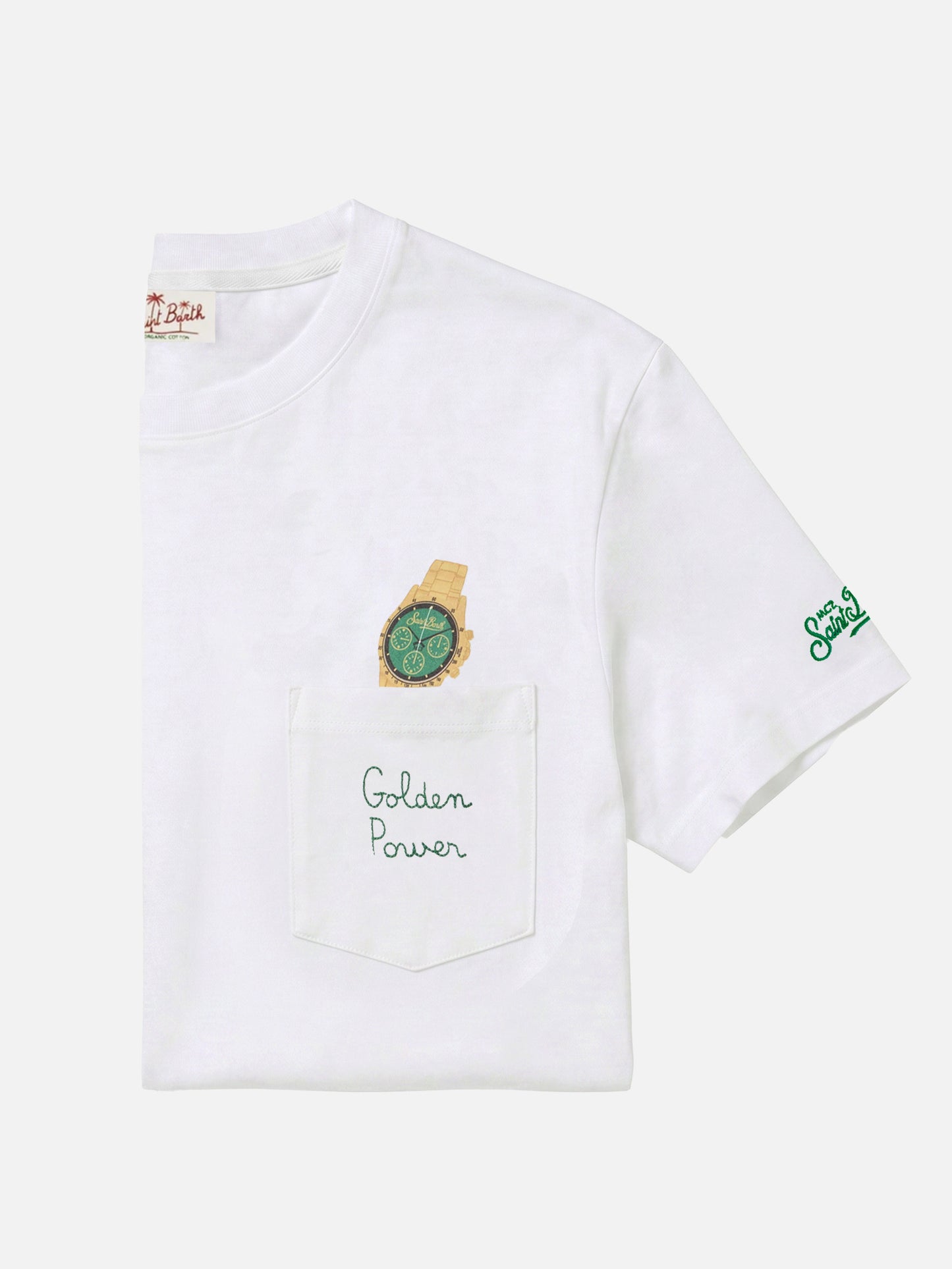 White Austin t-shirt with watch and Golden Power embroidery