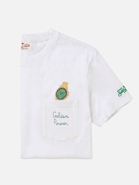 White Austin t-shirt with watch and Golden Power embroidery