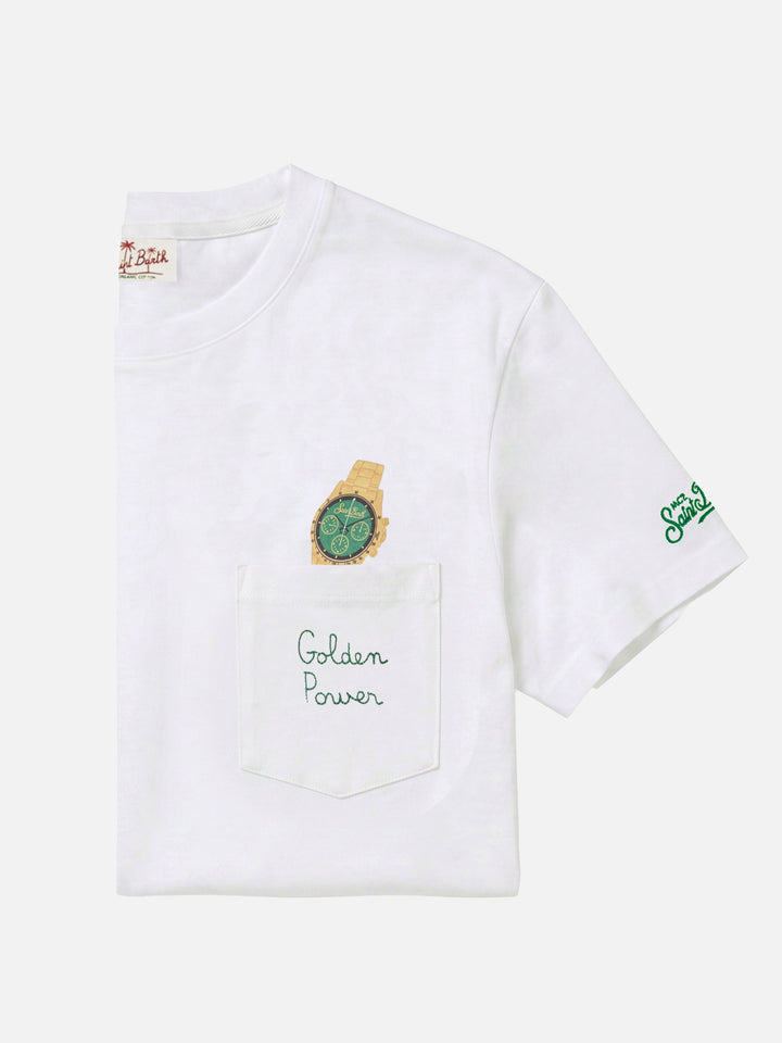 White Austin t-shirt with watch and Golden Power embroidery