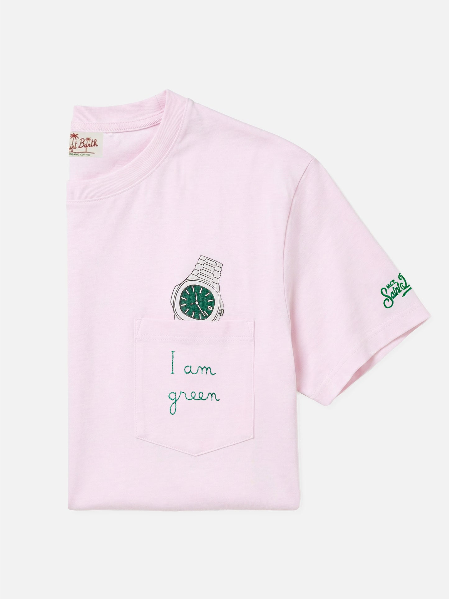 Pink Austin t-shirt with watch and I Am Green embroidery