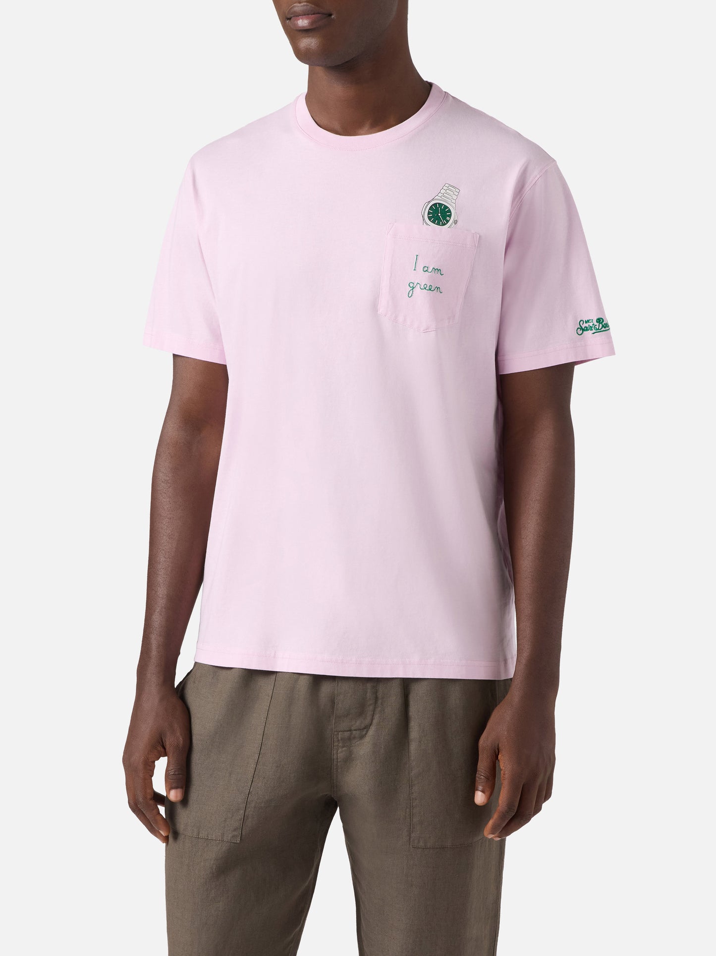 Pink Austin t-shirt with watch and I Am Green embroidery