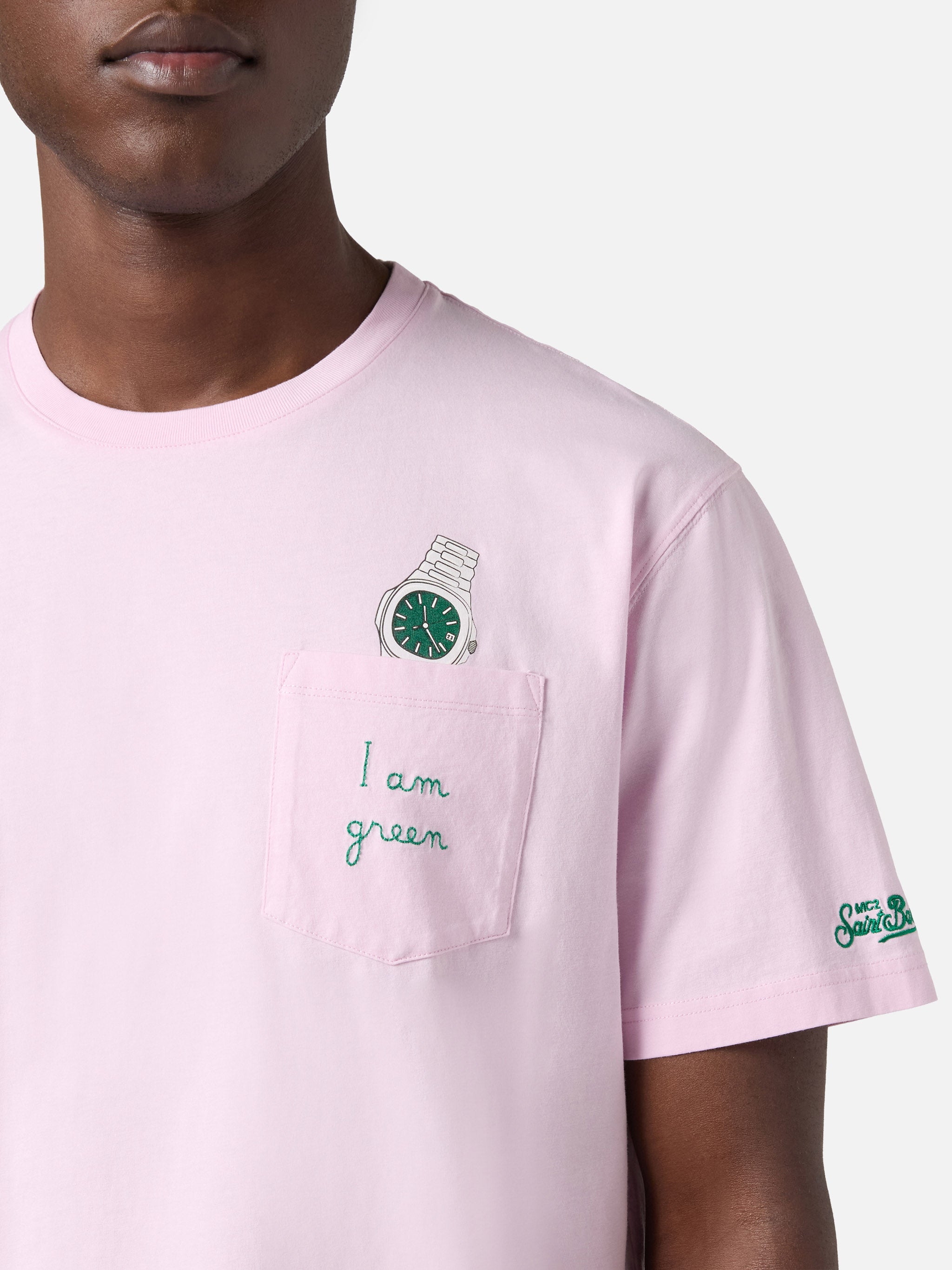 Pink Austin t-shirt with watch and I Am Green embroidery – MC2