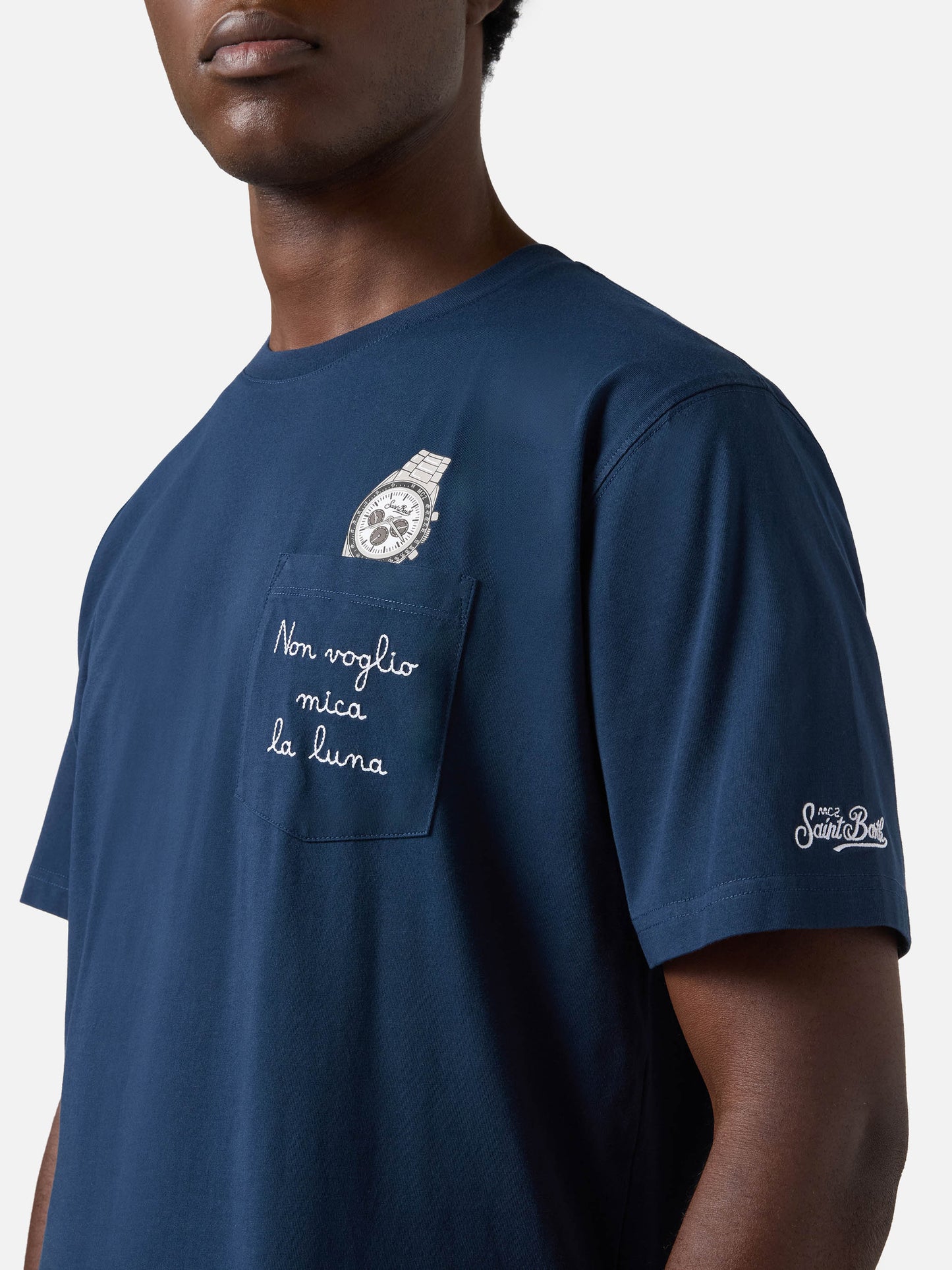T-shirt Austin blu con orologio e ricamo Non Voglio Mica La Luna