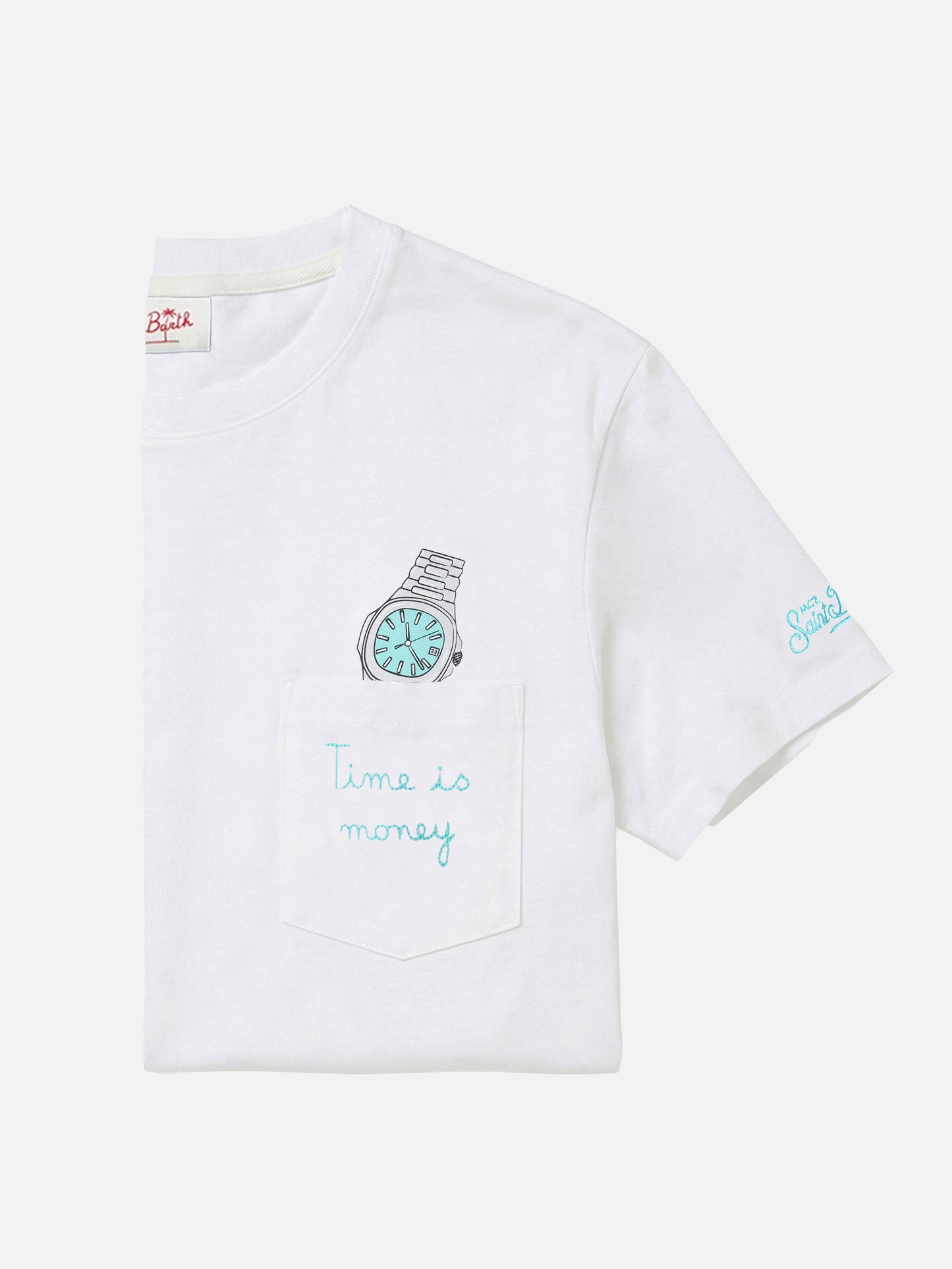 White Austin t-shirt with watch and Time Is Money embroidery