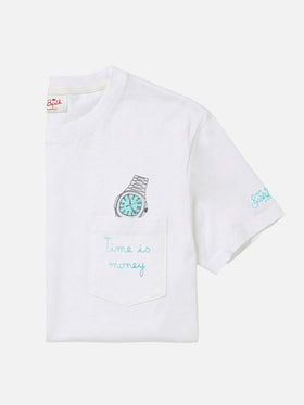 White Austin t-shirt with watch and Time Is Money embroidery