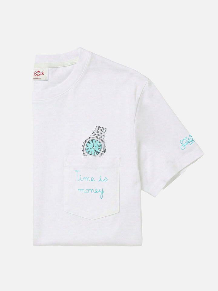 Camiseta Austin blanca con reloj y bordado Time Is Money 