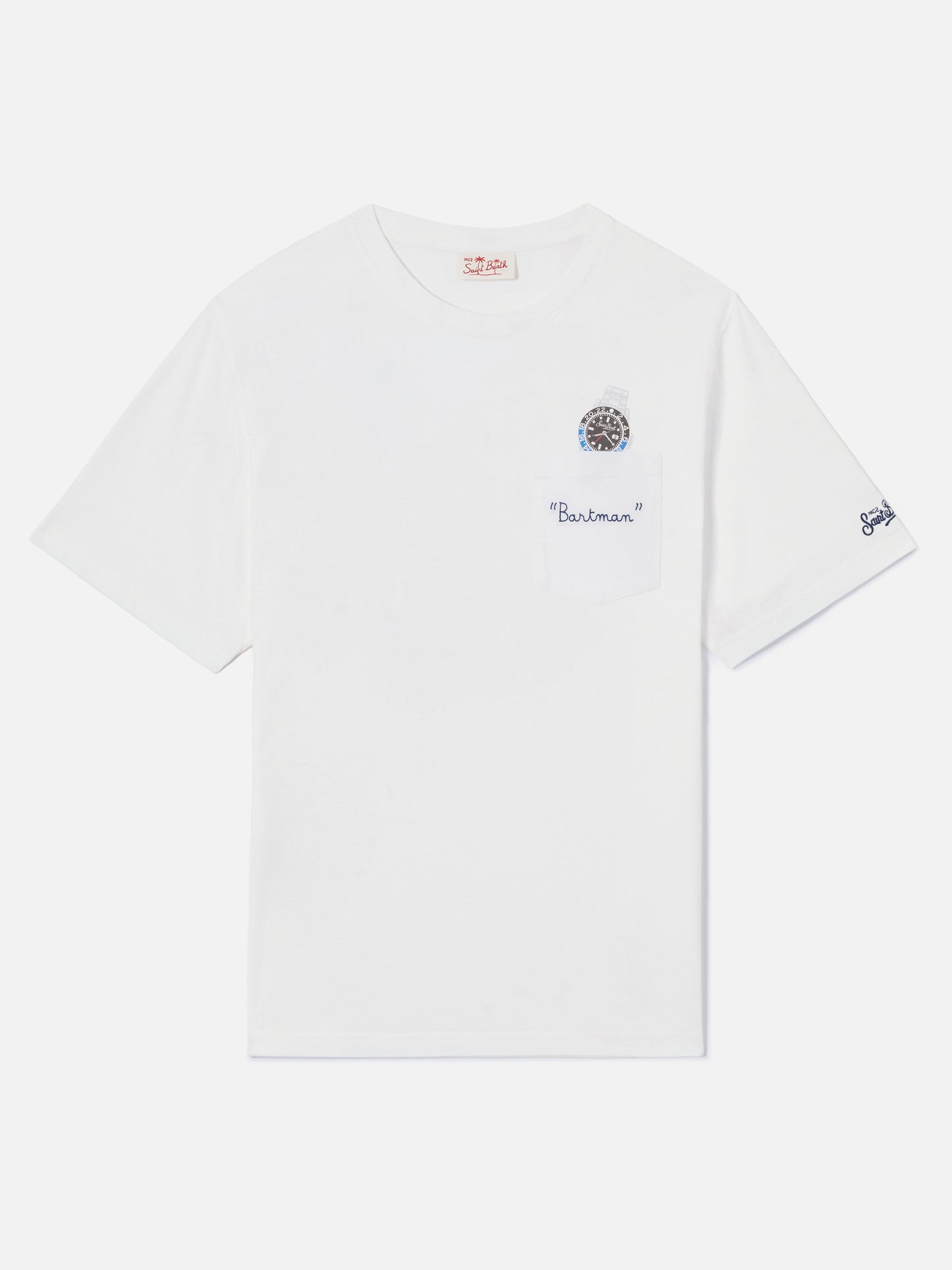 White Austin t-shirt with watch and Bartman embroidery