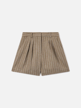 Shorts Aya beige in flanella di misto lana gessata