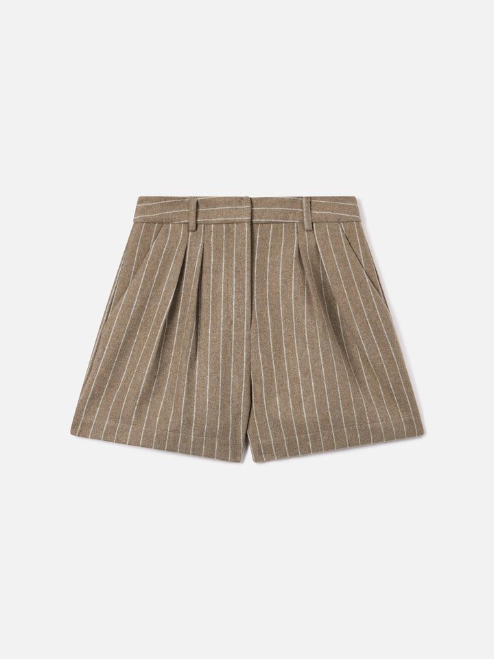 Shorts Aya beige in flanella di misto lana gessata