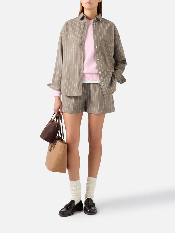 Beige Aya wool blend flannel shorts with pinstripes