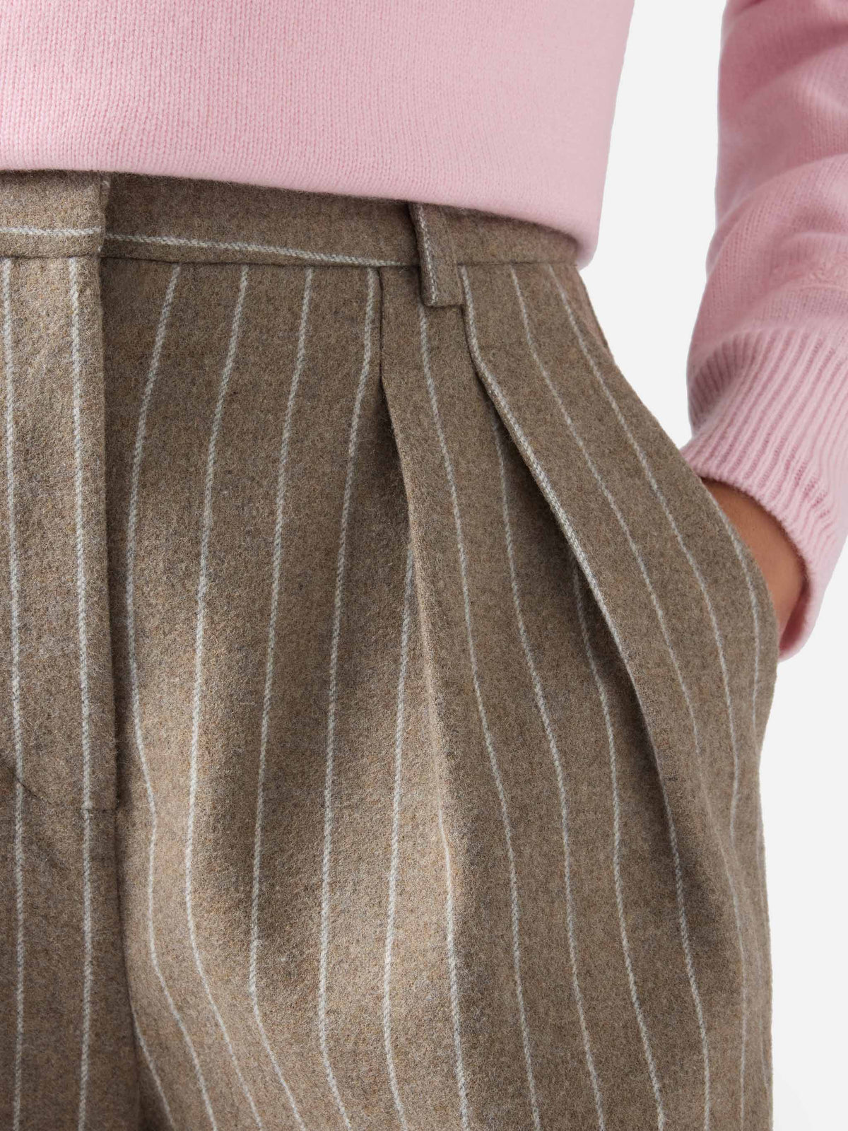 Beige Aya wool blend flannel shorts with pinstripes