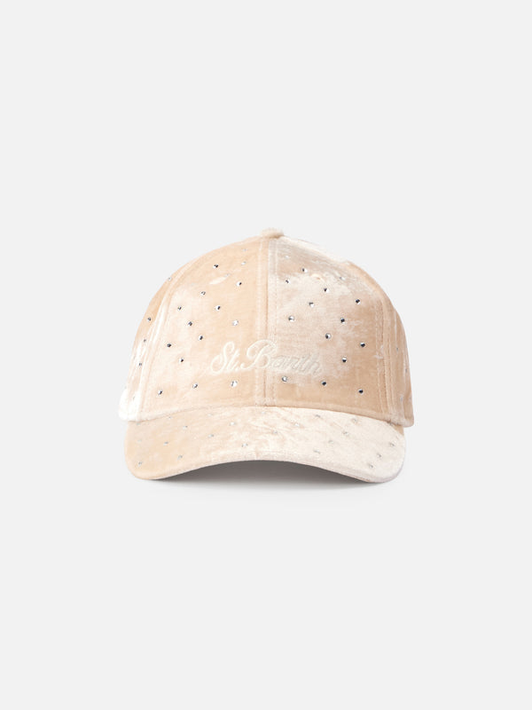 Beiges Samt-Baseball-Cap mit Strass-Verzierung