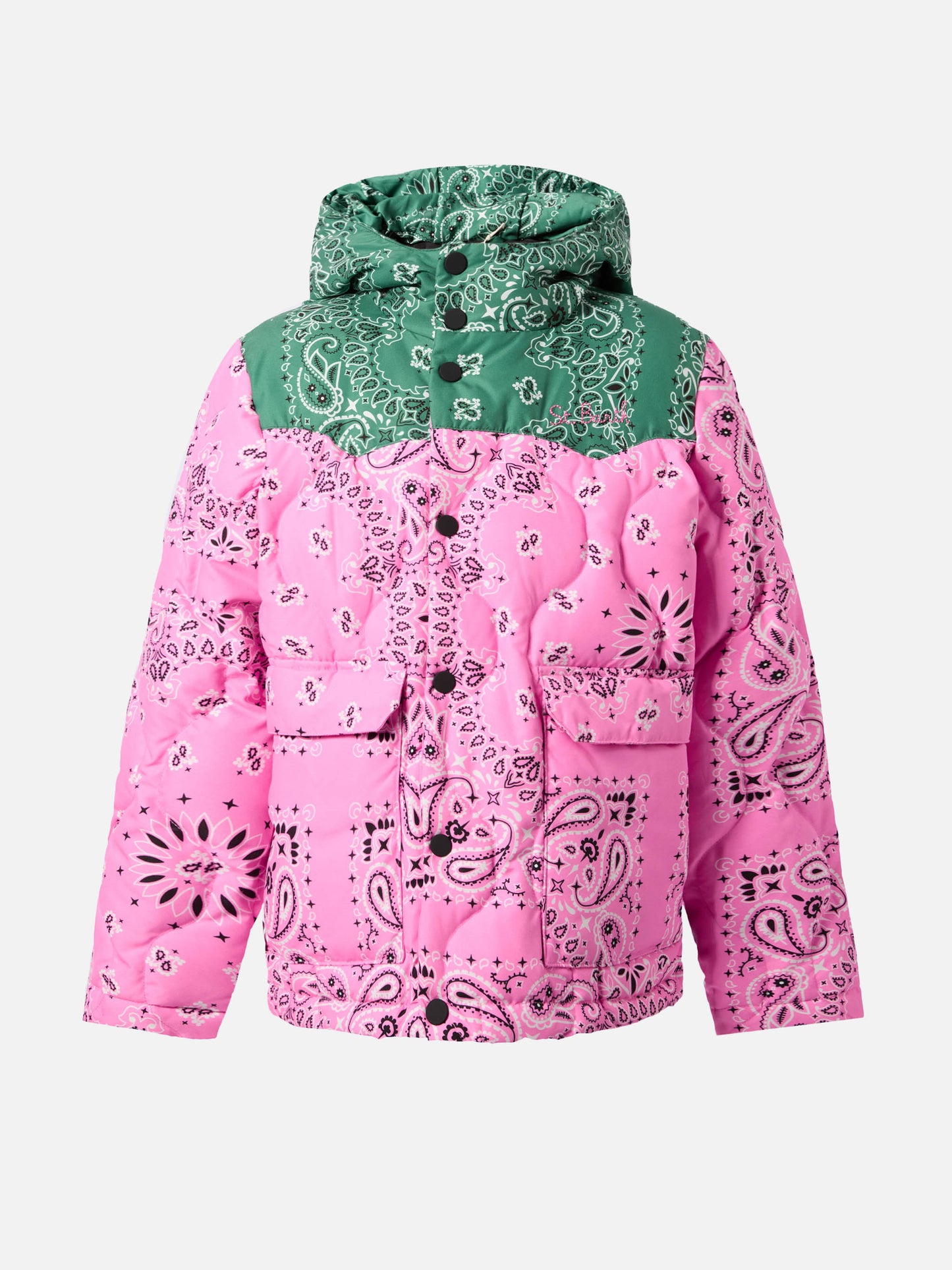 Hooded down padded jacket Baxter Jr with bandanna print