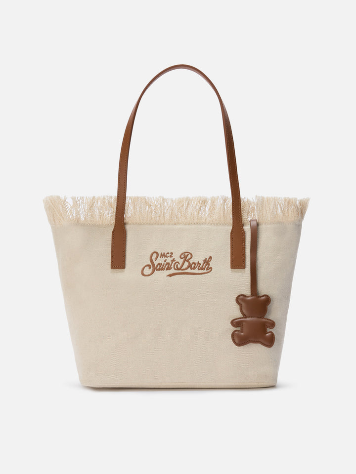 Teddy bear-shaped smooth leather bag charm with logo tag