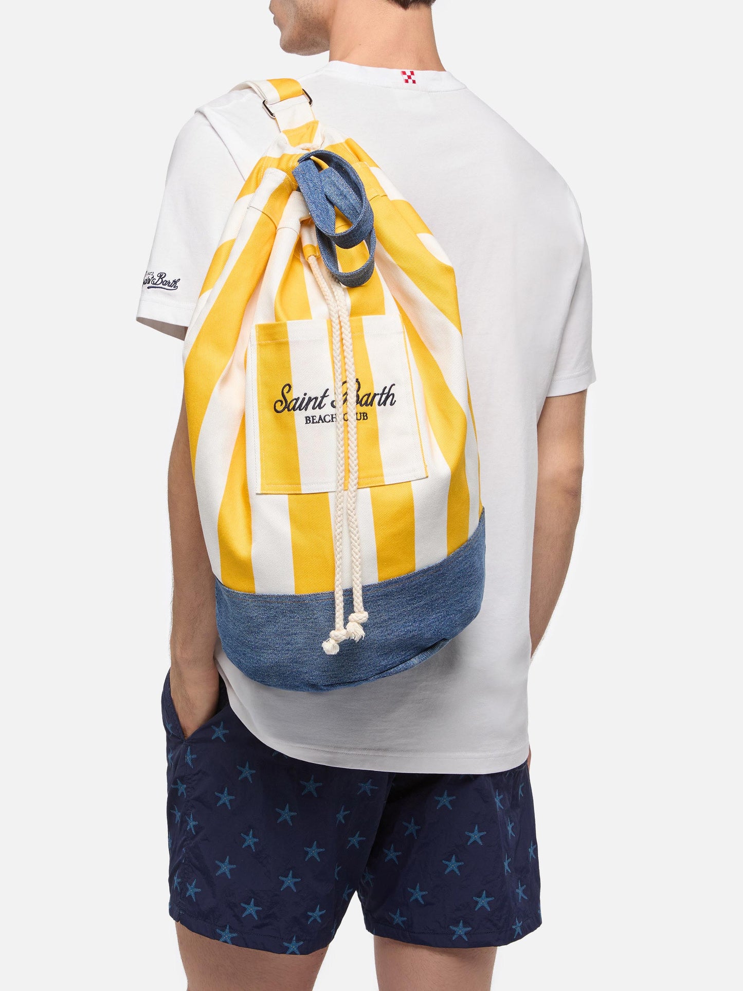 Beach Backpack with white and yellow striped print