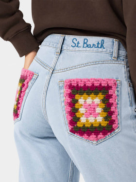 Belleville light blue denim jeans with crochet pockets