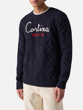 Blue crewneck sweater Bergen Tricot with Cortina Natale '83 embroidery