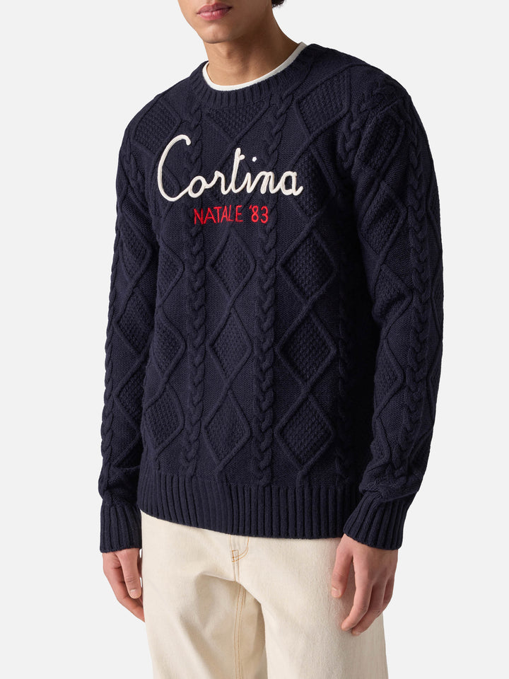 Maglione blu a girocollo Bergen Tricot con ricamo Cortina Natale '83