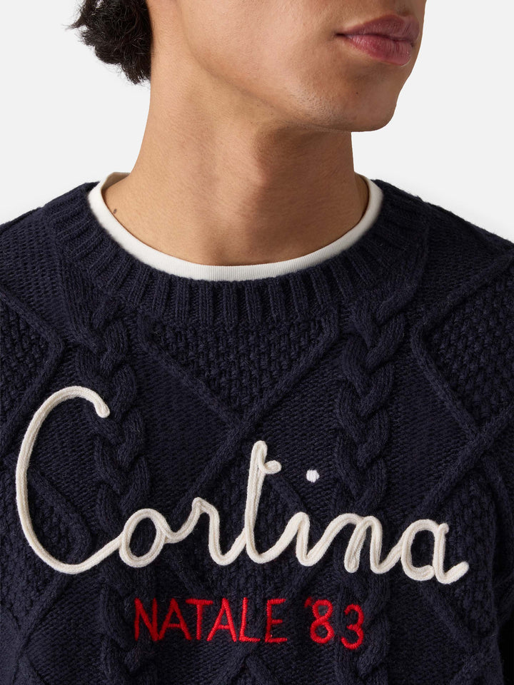 Maglione blu a girocollo Bergen Tricot con ricamo Cortina Natale '83